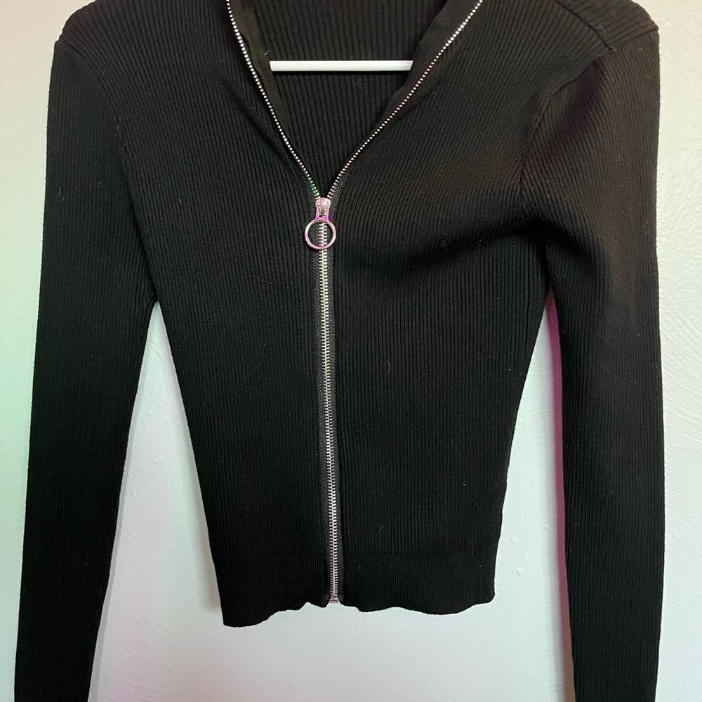 Black Ribbed Zip-Up Sweater